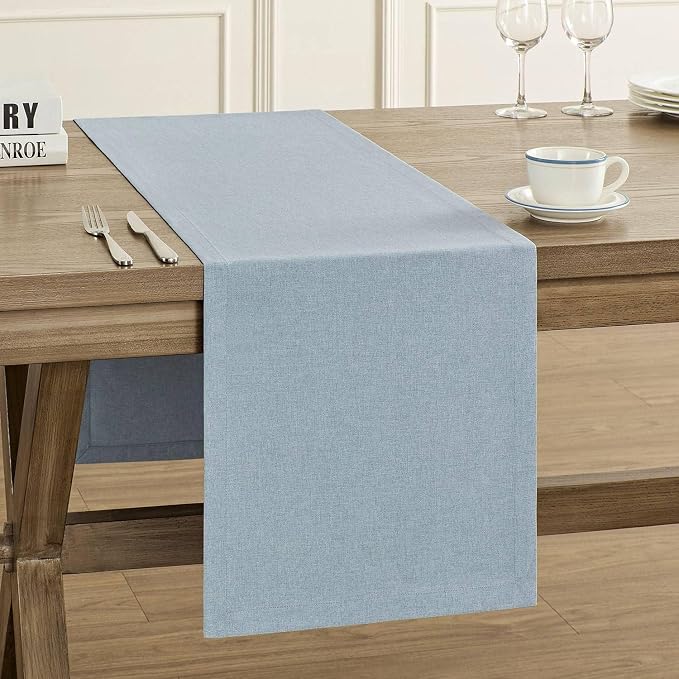 ZeeMart Basic Linen Style Table Runner, 14x72 Inch Chambray Blue | Mitered Corner Design, Medium Weight Fabric, Rustic Farmhouse Style, Machine Washable Easy Care Everyday Table Scarf