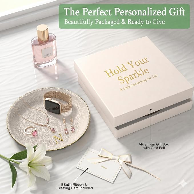 Initial Jewelry Dish for Women, Shatterproof Vegan Leather Ring Holder with Stainless Steel Core, Personalized Monogram Trinket Tray, Birthday Bridesmaid Gift with Box (Cream Letter N)