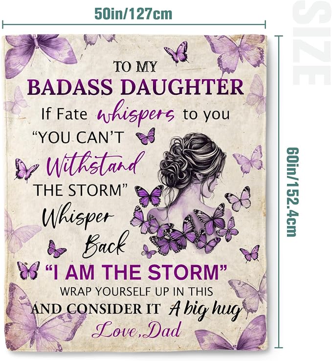 Jekeno Daughter Gifts Blanket from Dad Storm Quote Purple Butterfly Blanket | 50x60 Inch Flannel Daughter Blanket Gifts For Christmas Birthday Graduation Women Girls Daughter
