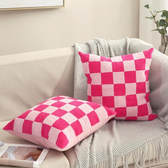 Alysheer Checkered Embroidered Throw Pillow Covers 18"x 18" 2pc Hot Pink