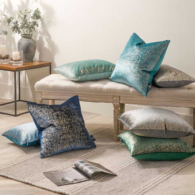 Phantoscope Pack of 2 Sparkling Velvet Geometric-Pattern Throw Decorative Pillow Cover Soft Gold Glitter Square Cushion Cover Pillowcase for Couch Bed and Chair, Navy Blue, 20 x 20 inches, 50 x 50 cm