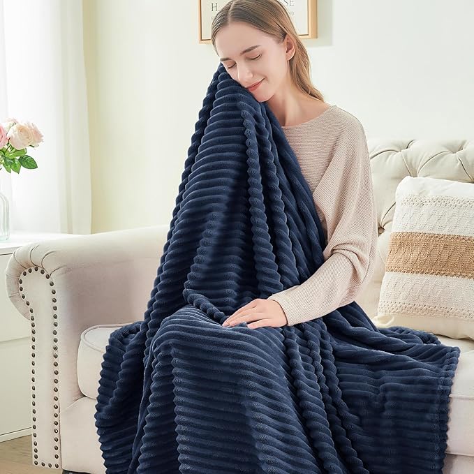 BEDELITE 3D Ribbed Jacquard Navy King Size Blankets for Bed, 108x90 Inch | Soft Warm Decorative Fluffy Blanket, Cozy Fuzzy Lightweight Plush Fleece Throw Blankets for Bed, Room Decor, Gift for Women