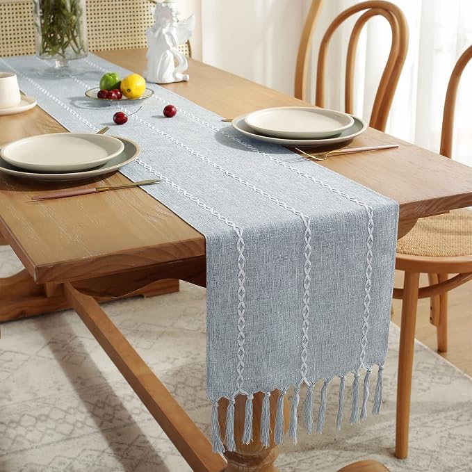 Wracra Rustic Linen Table Runner, Dusty Blue Table Runners 72 inches Long | Raised Embroidered Design and Hand-Tassels;Cotton Linen Woven Fabric; Farmhouse Table Runner;Home Kitchen Dining Decor
