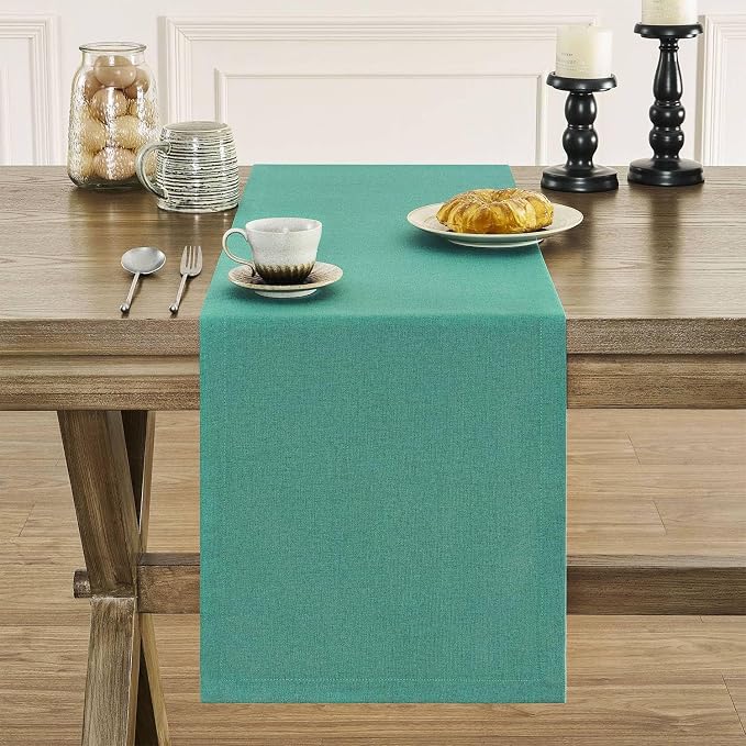 ZeeMart Basic Linen Style Table Runner, 14x36 Inch Teal | Mitered Corner Design, Medium Weight Fabric, Rustic Farmhouse Style, Machine Washable Easy Care Everyday Table Scarf