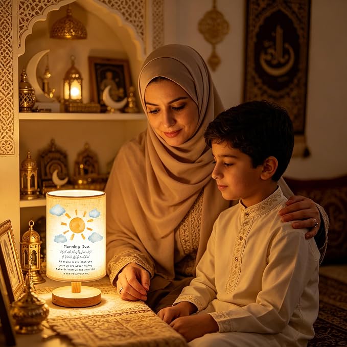 WSYEAR Morning Dua Islamic Table Lamp, Boho Nursery Sun Home Decor for Muslim Kids Room Bedroom House Decorative Islamic Decor Ornament Eid Ramadan Souvenir