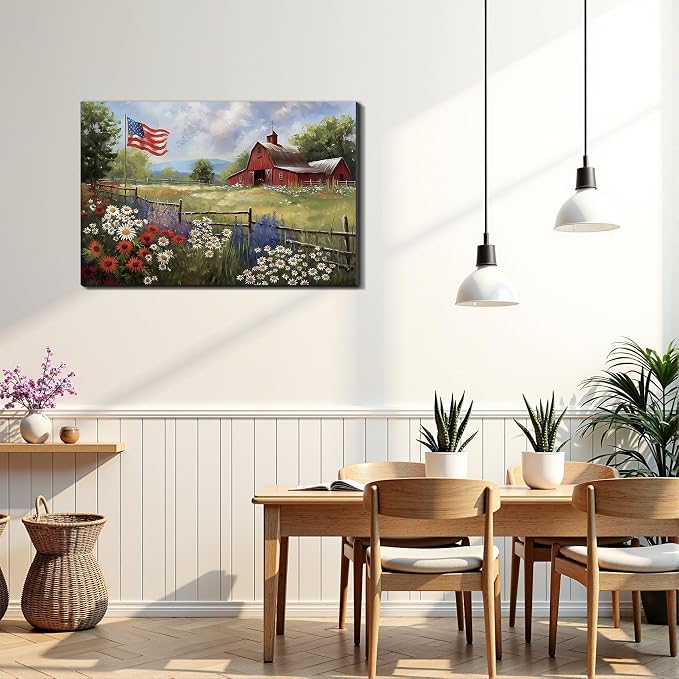 Framed Rustic American Flag Red Barn Wall Art, Patriotic Farmhouse Canvas Art Pictures, USA Flag Wall Decor for Living Room Kitchen Entryway, Ready to Hang Made in USA