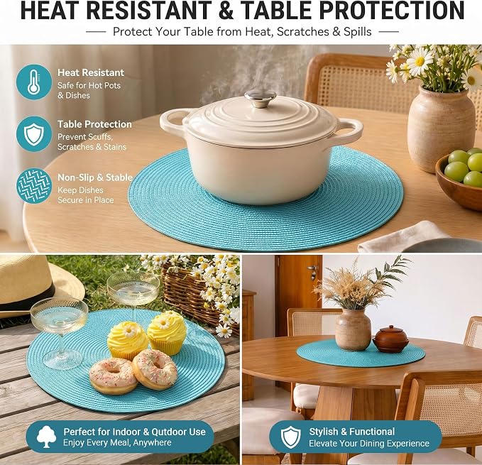FunWheat Round Braided Placemats Set of 8 Place Mats for Dining Table Woven Washable Non-Slip Table Mats 15 Inch(Turquoise,8pcs)