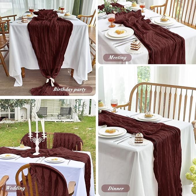 IVAPUPU Burgundy Red Table Runner 120 Inches for Birthday Party Home Decor | 2 Pcs Boho Gauze 10FT Cheesecloth Table Runners for Wedding Baby Shower Decorations Summer Garden Farmhouse