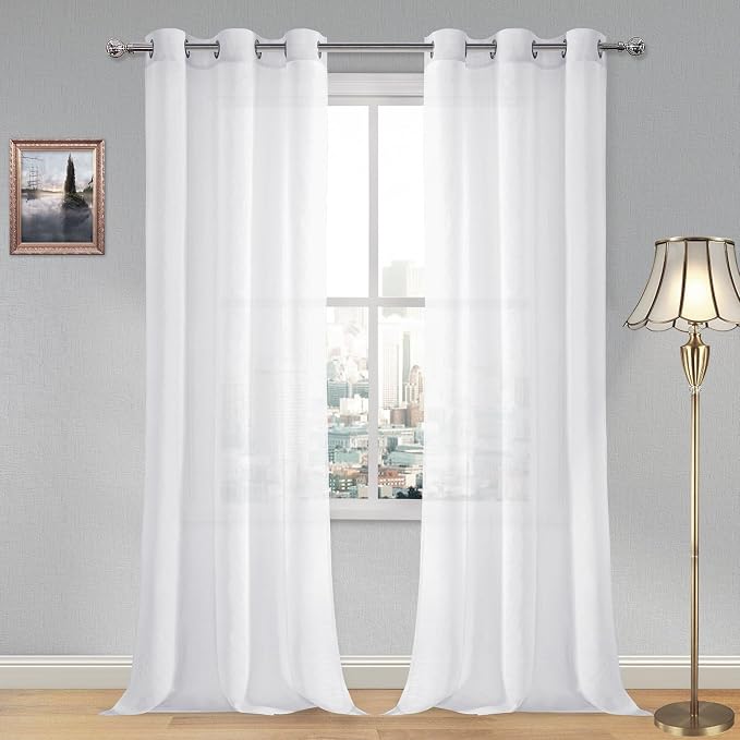 DWCN White Sheer Curtains, Grommet Top Faux Linen Look Voile Semi Transparent Solid Window Sheer Curtains Drapes for Bedroom Living Room, Set of 2 Panels 42 x 90 Inch Long, White
