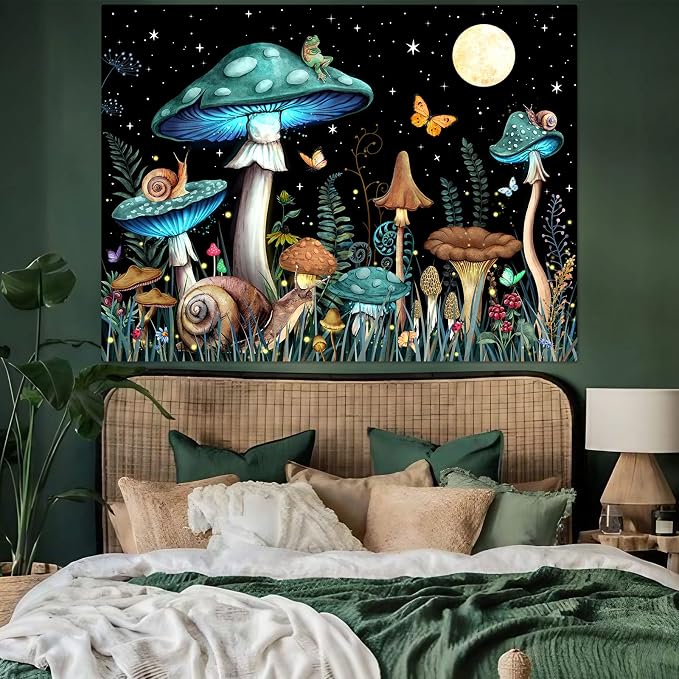 Zussun Teal Mushroom Tapestry Moon Star Tapestries for Bedroom Aesthetic Starry Night Green Plant Tapastrys Wall Hanging Butterfly Snail Frog Wall Tapestry for Living Room Dorm (Green, 60" x 44")