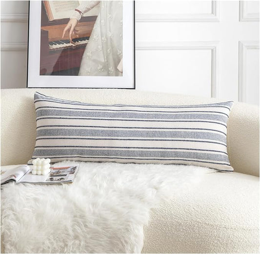 Cethom Decorative Boho Lumbar Pillow Covers, Modern Farmhouse Couch Pillowcase, 14 x 36 Long Accent Body Throw Pillow Covers, Sofa Bed Living Room Decor Cushion Case, Navy Blue and Beige, Pack of 1