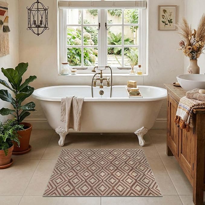 jinchan 2x3 Faux Jute Area Rug Washable Tile-Inspired Rug, Terracotta Brown | Vintage Geometric, Non-Slip, Low Pile, Indoor Outdoor, High-Traffic, Kitchen, Entryway, Bathroom, Laundry Room, Porch Balcony