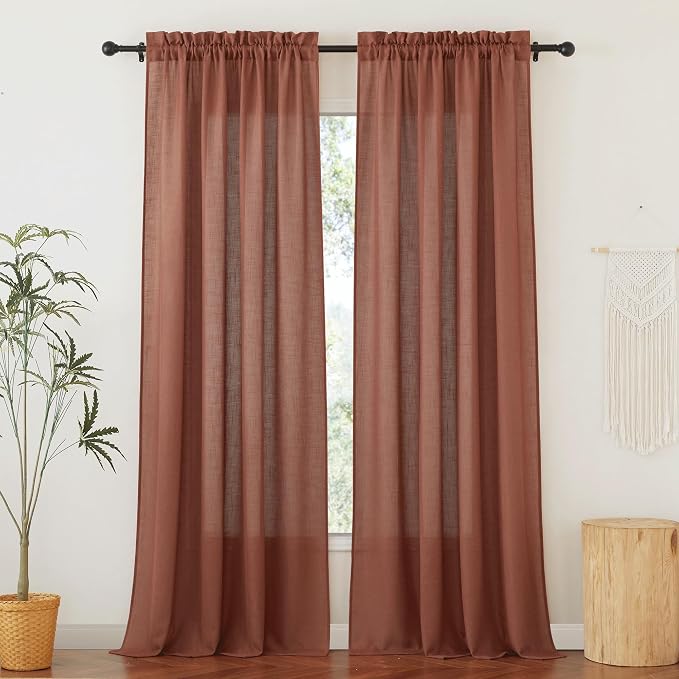 RYB HOME Linen Curtains 95 inches Long for Sliding Door Living Room | Fall Decor, Airy Breathable Absorbent, Light Filter, Half Privacy Protect, Doorway Nursery, Terracotta, W52 x L95, 2 Panels