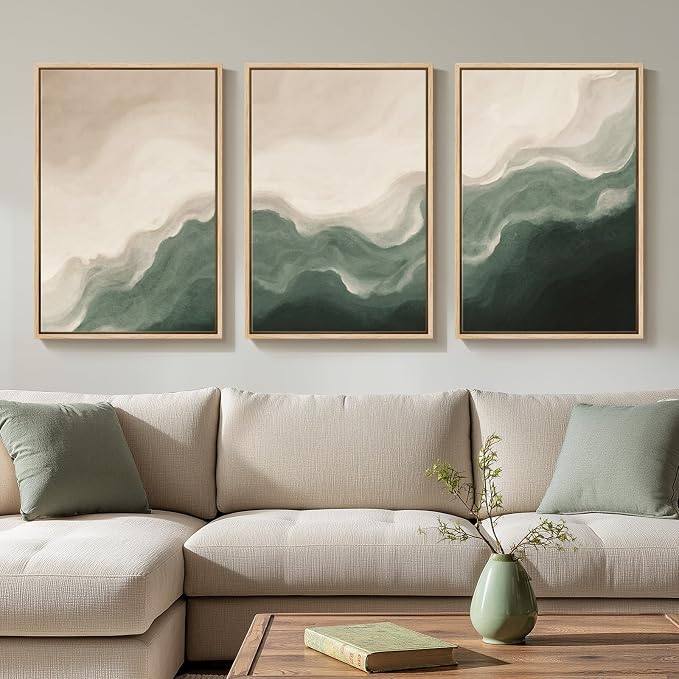 Framed Green and Beige Minimalist Abstract Wall Art, 3 Piece Set Each 16x24 | Modern green beige pictures, Canvas prints, Wood frame, Neutral artwork for walls, Wall decor for bedroom dining living room
