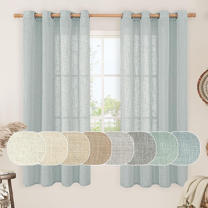 Greyish Blue Sheer Linen Curtains 63 inches Long for Bedroom | Linen Textured, Light Filtering, Curtains for Living Room, Farmhouse Boho Drapes, Bronze Grommet, 2 Panels, 52 x 63 Inch