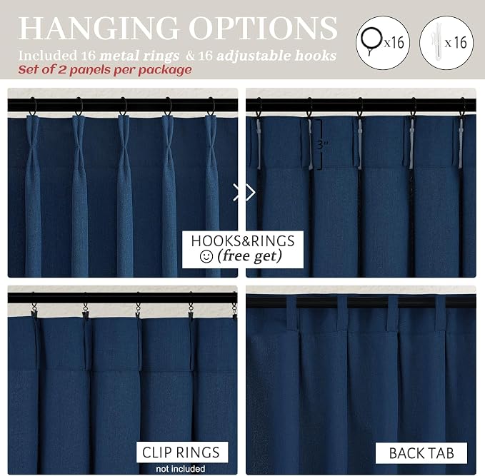 Pinch Pleated Denim Blue Curtains 102 Inches Long for Sliding Glass Doors 2 Panels Set, Modern Natural Linen Blend Memory Trained Pleat Sheer Window Drapes with Hooks Ring for Office 40"W x 102"L Navy