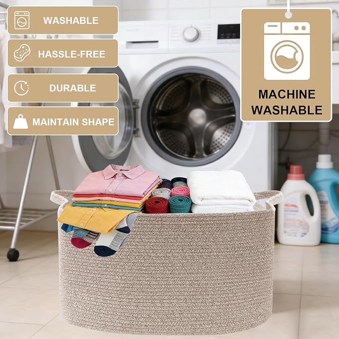 96L Woven Laundry Basket with Handles, Extra Blanket Basket,Brown | 24"×16"×15" Collapsible Cotton Rope Storage Basket for Toys Clothes & Pillows, Nursery, Bathroom, Bedroom, Living Room