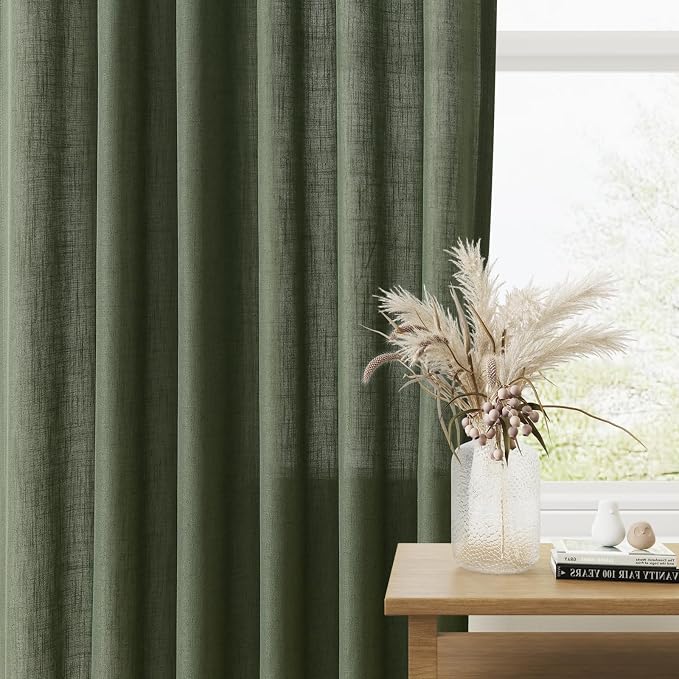Olive Green Linen Curtains 90 Inch Length for Living Room Bedroom 2 Panels Set Rod Pocket Light Filtering Semi Sheer Window Curtains 52 Inch Width Boho Farmhouse Linen Drapes, W52xL90