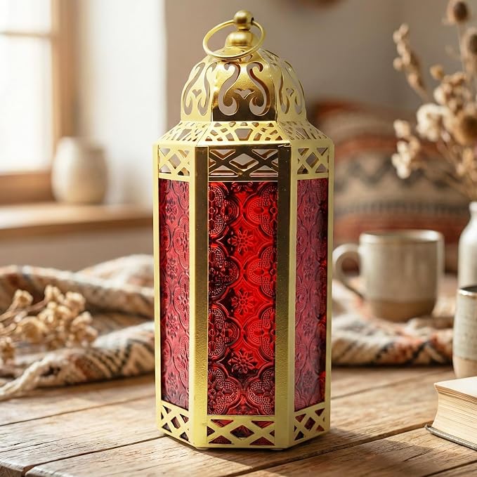 Vela Lanterns Decorative Indoor Moroccan Candle Holder, Gold Red, M | Ramadan Decorations for Home, Red Candle Lantern, Eid Table Centerpiece, Hanging Tealight Votive Pillar Holder, 10.5in