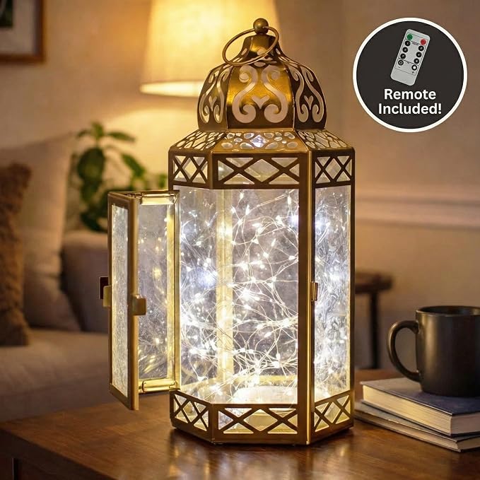 Vela Lanterns Decorative Indoor Fairy Light Ramadan Candle Holder, Gold, L | Turkish & Moroccan Decor, Eid Mubarak Decorations, Wedding Table Centerpieces, Metal Hanging Lamp, Porch Patio, 12" Tall