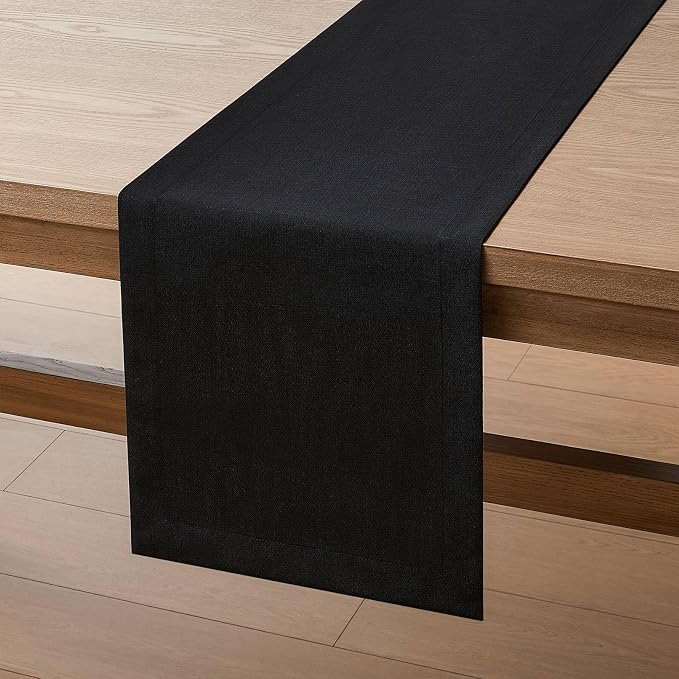 ZeeMart Linen Textured Border Table Runner, 14 x 36 Inch Black | Mitered Corner Design, Medium Weight Fabric, Modern Farmhouse Style, Machine Washable Easy Care Everyday Table Scarf