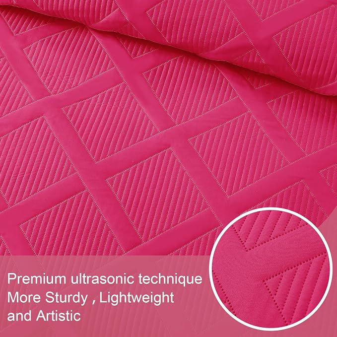 Exclusivo Mezcla Quilt King Size, Hot Pink | Soft Bedspreads with 2 Pillow Shams, Modern Striped Pattern, Lightweight Bedding Set Coverlets for All Seasons, 104x96 Inch