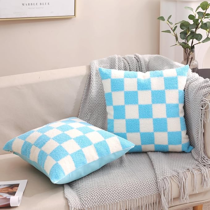 Alysheer Checkered Embroidered Throw Pillow Covers 18"x 18" 2pc Blue White