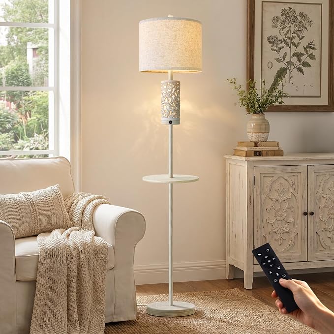OYEARS 65" Farmhouse Floor Lamp for Living Room, Vintage Dimmable Floor Lamp with Table, Main&Night Light, Dual Switches&Remote Control, Tall Standing Lamp for Bedroom Nursery, Bulb Included, White
