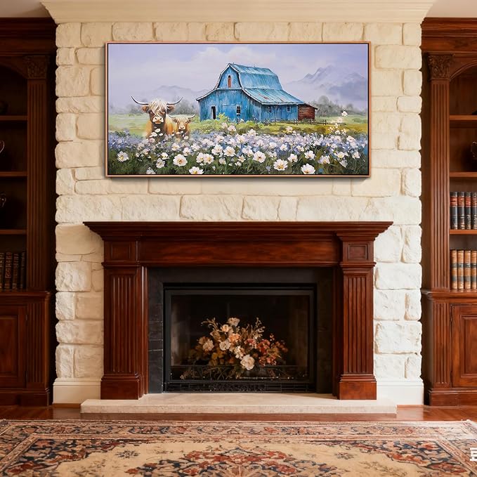 Anolyfi Highland Cow Farmhouse Wall Art for Living Room, Blue Barn Paintings Warm and Cozy Decor for Bedroom Dining Room Home Hallway, Framed 40"x20"