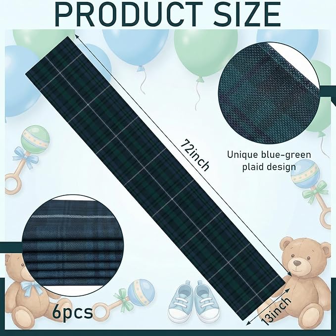 Gilprop 6 Pcs 72 x 13'' Tartan Plaid Table Runner Blue and Green | Vintage Bear Babyshower Birthday Party Dining Decor, Checkered Cloth for Home Kitchen Farmhouse, Reusable Fabric Sets