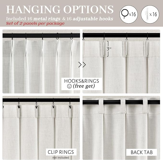 PleatedDrapes 102 Inch Long Curtains for Living/Dining Room, Elegant Pinch Pleated Linen Curtain 102 inches Light Filter Privacy That Let Light in Cortinas para Sala Modernas 2 Panels Set Beige White