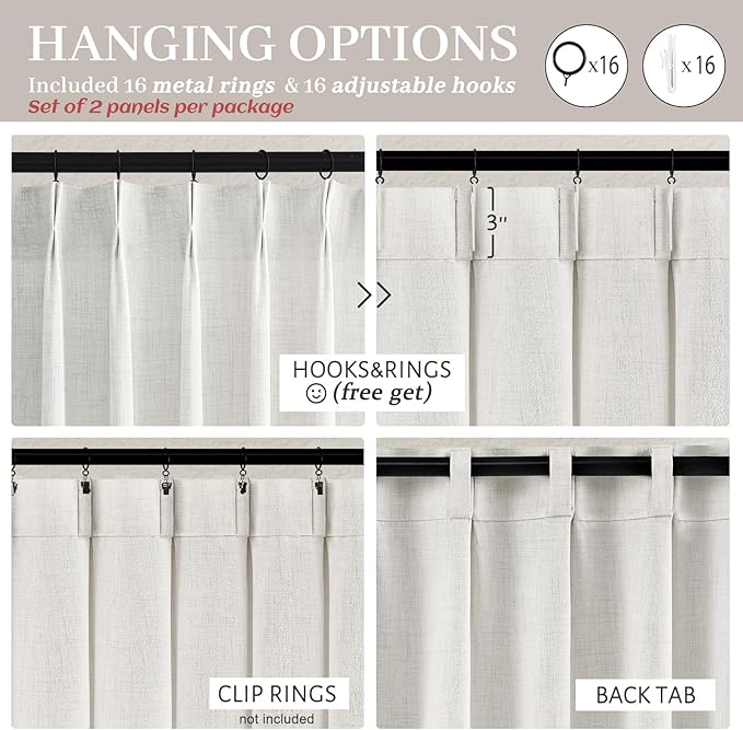 Beige White Pinch Pleated 92 Inch Curtains 2 Panel Set for Dining Room, Funky Neutral Thick Linen Sheer Ceiling Track Curtain Light Filtering Privacy Drapes Decor for 90-92 Inches Window Greyish White