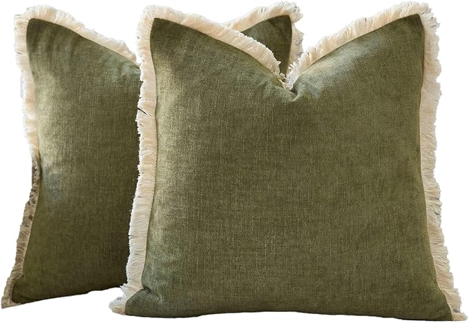 Amor Virisso Fringe Throw Pillow Covers 18x18 Set of 2 Boho Neutral Farmhouse Decorative Pillow Covers with Tassels for Couch Sofa Bed, Olive Green