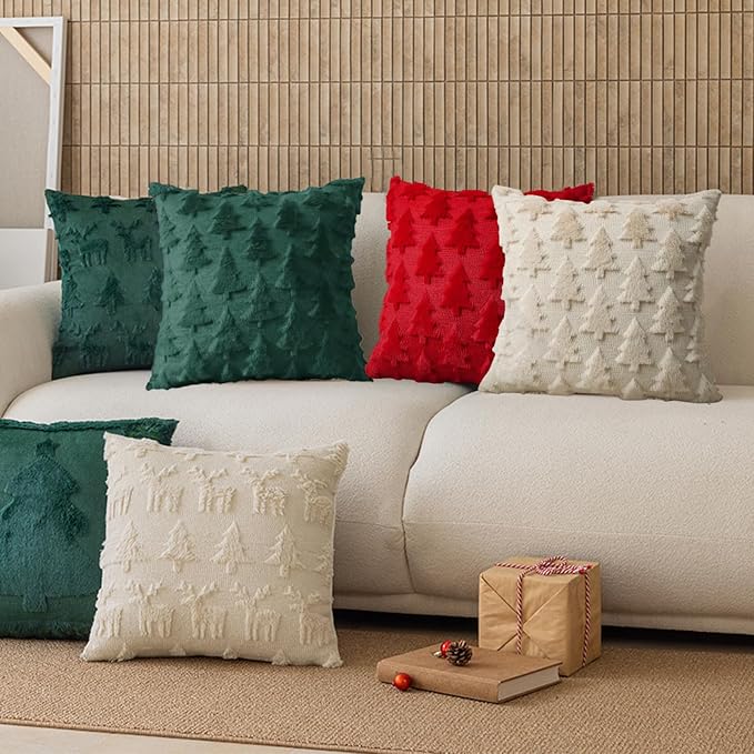 ONFAON Christmas Decorations - Christmas Tree 18x18 Throw Pillow Covers Set of 2,Xmas Decorations Faux Fur Cushion Covers, 3D Embroidered Pillow Cases for Couch Bedroom Living Room Decor, Green