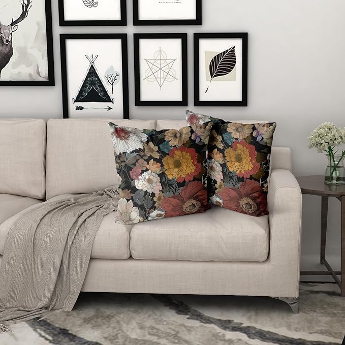 Giwawa Black Boho Flower Pillow Covers 18x18in Set of 2 Rustic Chic Floral Decorative Cotton Pillow Cases Vintage Botanical Plant Throw Cushion Covers for Sofa Couch Patio Indoor Outdoor