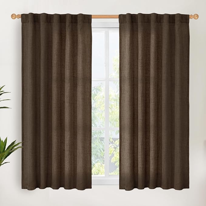 YoungsTex Brown Linen Curtains 48 Inches Long, Light Filtering Drapes Privacy with Rod Pocket Back Tab for Bedroom Living Room Window, 2 Panels, 42 X 48 Inch