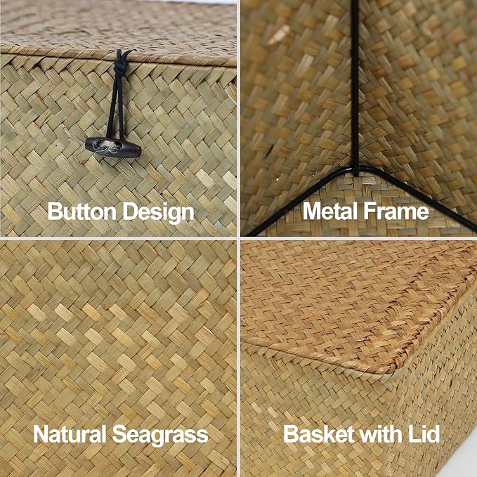 Wicker Storage Basket with Lid, Seagrass Storage Baskets for Organizing | Rectangular Woven Basket for Storage, Decorative Boxes Bins with Lid Home Organizer Decor, Small Storage Box, Shelf Organizer
