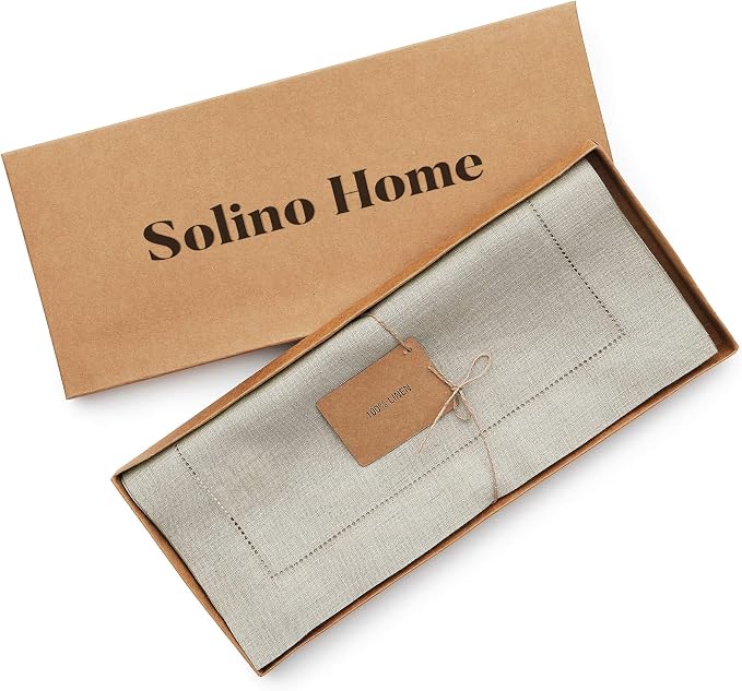 Solino Home 100% Pure Linen Table Runner Natural Hemstitch, 14 x 156 in | Classic Hemstitch, brings a tailored look to family meals and hosting, hemstitched border, soft, fine, OEKO-TEX Certified