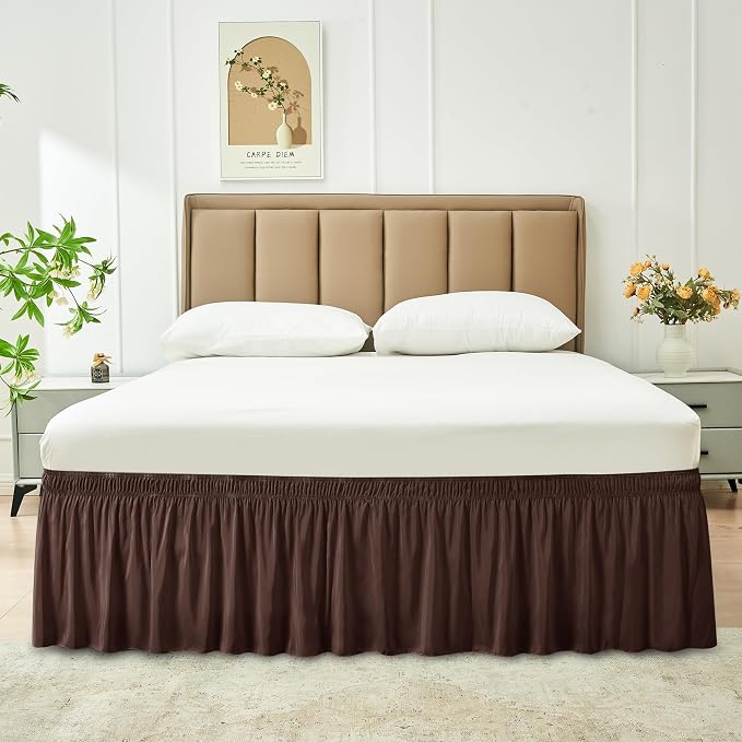 Wrap Around Bed Skirt Full Size 25" Drop-Elastic Long Dust Ruffle Brown | Adjustable Pleated Bedskirt-Easy Fit Wrinkle Resistant Washable Bed Skirting-Hotel Studio Apartment Home Guest Bedroom Rental