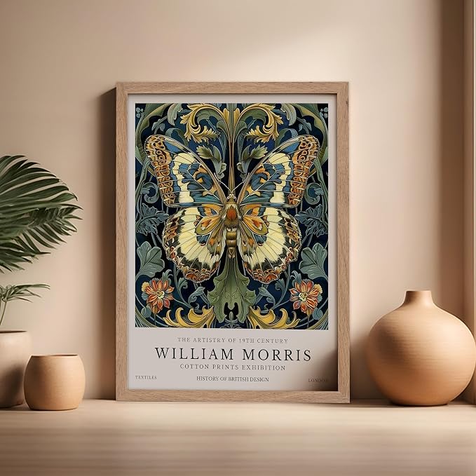 Monem Art William Morris - Butterfly and Flowers Print - Botanical Artwork - Exhibition Art - Floral Design - Textile Illustration - Animal Art - Aesthetic Bedroom or Office Decor - 16x20 Beige Framed
