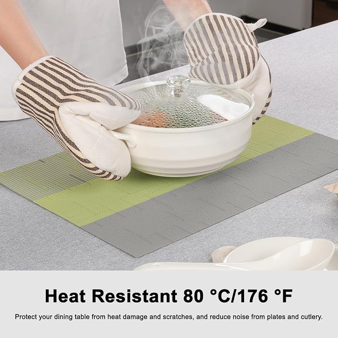 Placemats Set of 6, Vinyl Woven Heat-Resistant Place Mats | Washable Wipeable PVC Table Mats, Non Slip Placemat for Kitchen Dining Indoor Outdoor Table (Gray Grass Green, Set of 6)
