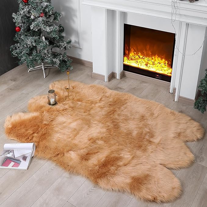 linmopm Faux Fur Sheepskin Rug, Beige, 4x6 ft | Shag Fluffy Fuzzy, High-Density Cushion, For Bedroom Bedside Living Room, Plush Carpet, Sofa Cover