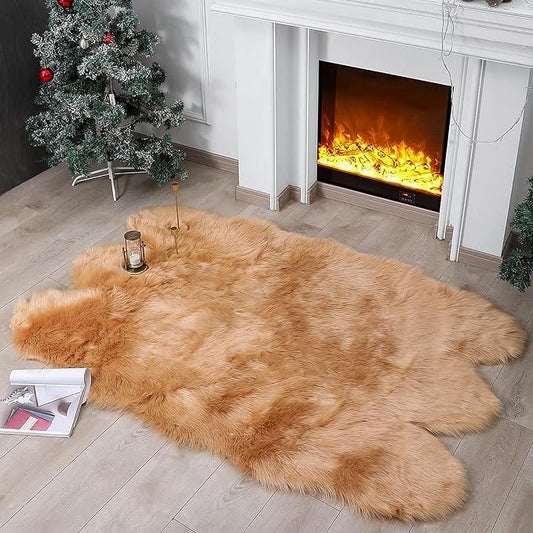 linmopm Faux Fur Sheepskin Rug, Beige, 4x6 ft | Shag Fluffy Fuzzy, High-Density Cushion, For Bedroom Bedside Living Room, Plush Carpet, Sofa Cover