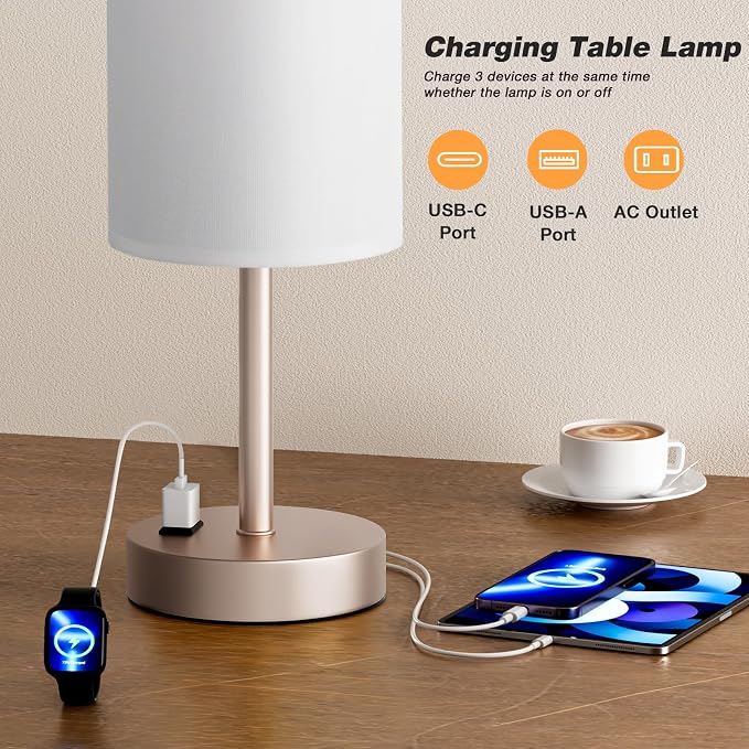 17.4" Antique White Lamp for Bedroom - Dimmable Touch, USB A+C, AC Outlet