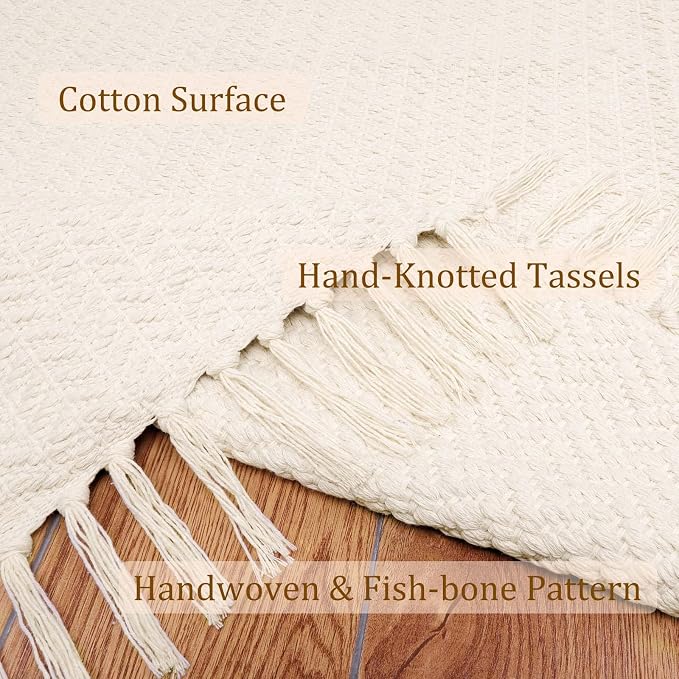 Lahome Boho Bathroom Rugs, 3x5 Washable Area Rug for Kitchen Bedroom Entry | Bath Door Mat with Tassels Woven Cotton, Farmhouse White Beige Low Pile Throw Carpet for Entryway Living Room Laundry Decor