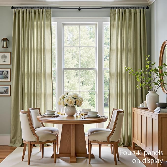 jinchan Linen Curtains Light Filtering Back Tab 50x108 Inch 2 Panels Green | Semi Sheer Curtains 108 inch length for Bedroom Living Room, Modern Farmhouse Drapes with Rod Pocket, Natural Boho Curtains