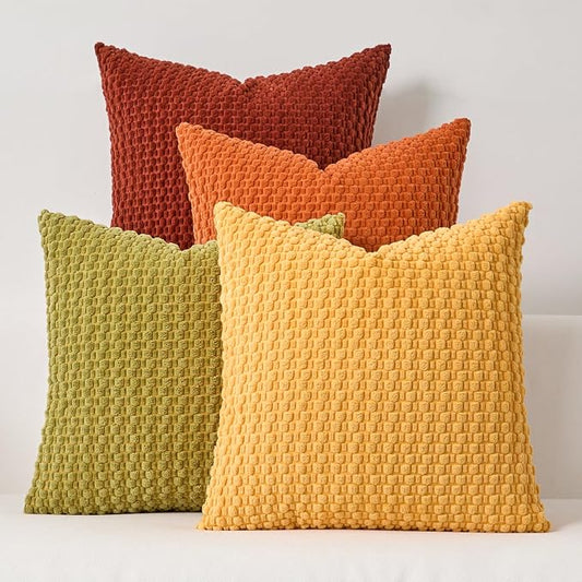 Kevin Textile Spring Throw Pillow Covers Pack of 4 Super Soft Boho Corduroy Decor Pillow Cases Mix and Match Colors Plush Texture Accent Pillows for Sofa Couch Living Room 20x20 Inch, Yellow/Green
