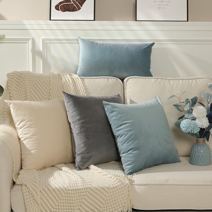 Stellhome Super Soft Decorative Velvet Cushion Covers Square Throw Pillow Covers for Bed Couch Sofa Bench, 20 x 20 inch (50 cm), Silver Blue, Pack of 2 Square Solid Throw Pillow Case