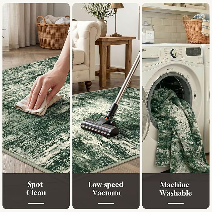 Lansny Abstract Washable Entryway Rug 3x5 Area Rug Non Slip Kitchen Rugs | Green;Thin Printed Faux Wool Door Mat;Small Rugs;Front Door Rug;Indoor Entry Rug;Rubber Backed Floor Carpet;Throw Rugs