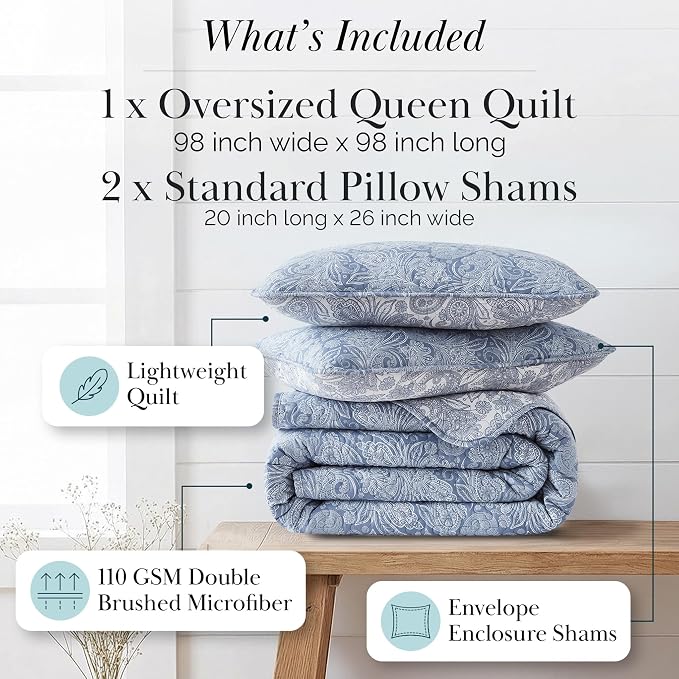 Southshore Fine Living, Inc. Paisley Quilt Queen Size Bedding Set, Full Size Quilted Coverlet, Boho Bedspreads Queen Size Set with Two Matching Pillow Shams, Full/Queen, Reversible Blue